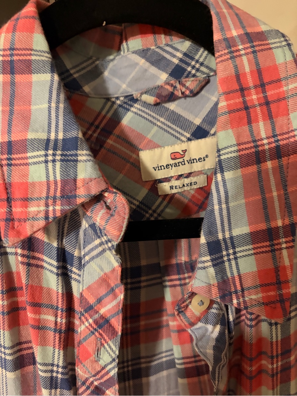 Vineyard Vines women’s Relaxed Coral & Blue Plaid Shirt